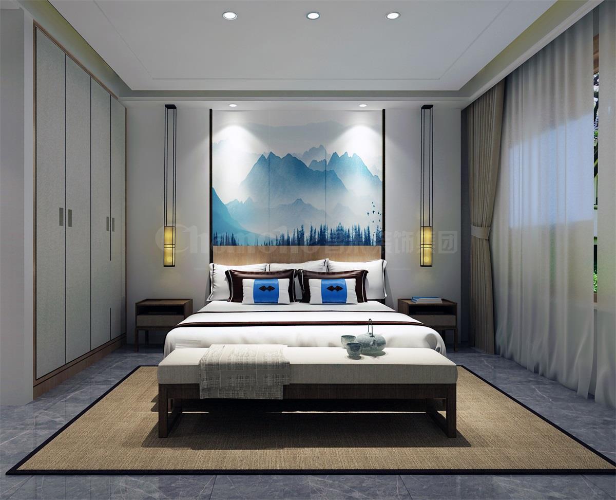 主臥貫穿、白色、灰色，加小許黑色融合的暖色調讓詩意棲居，少幾分濃墨重彩，多幾分雅致清寧，并在此感悟生命的智慧。內心的平靜才能感悟到生活的大美，美不是符號，是一種心境，一份怡然，更是一份禪動。